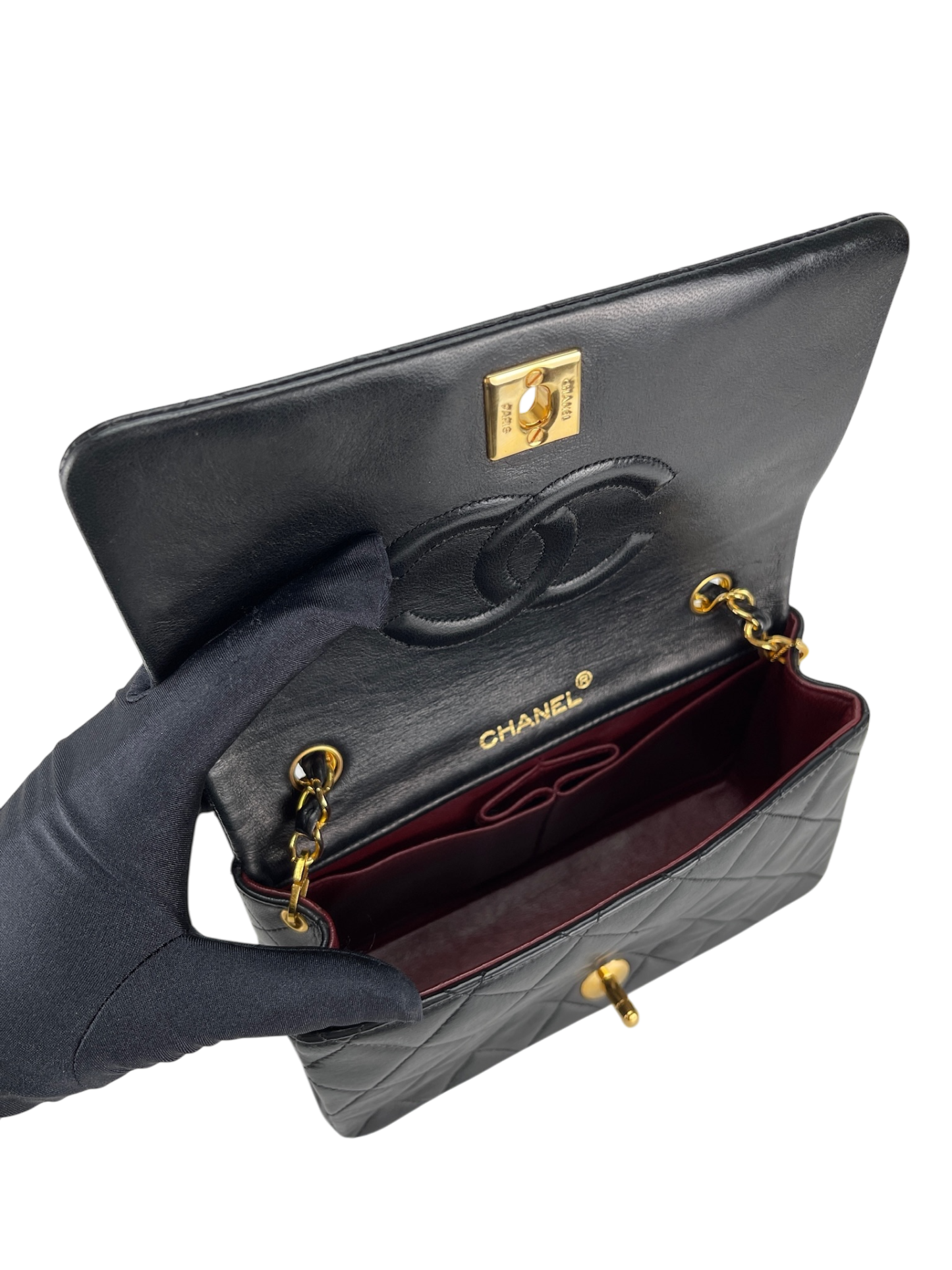 CHANEL - Black Lambskin Pushlock Mini Full Flap Shoulder Bag