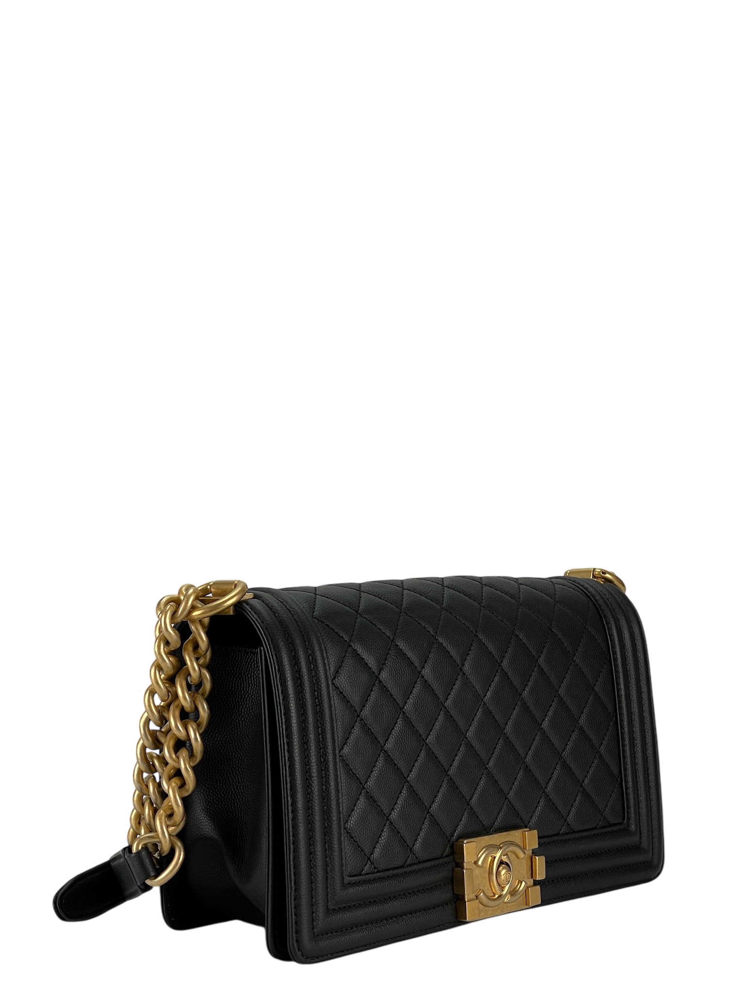 CHANEL - Black Caviar Quilted Medium Boy Flap Black Gold Hardware