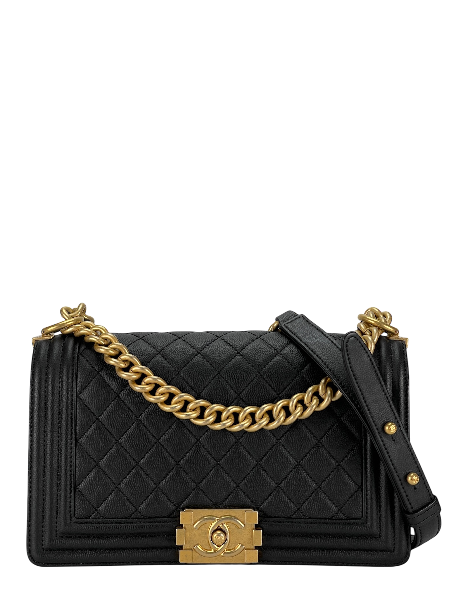 CHANEL - Black Caviar Quilted Medium Boy Flap Black Gold Hardware