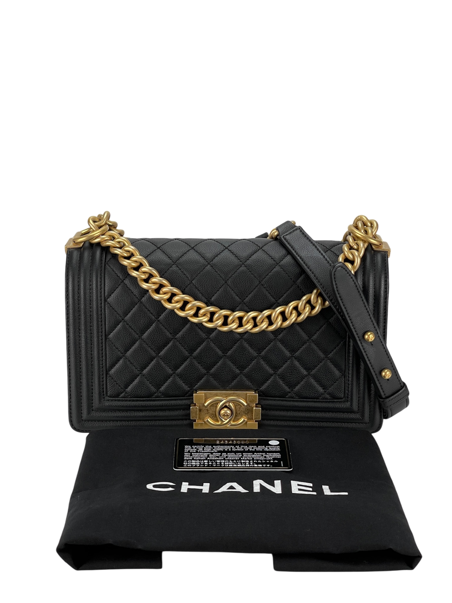 CHANEL - Black Caviar Quilted Medium Boy Flap Black Gold Hardware