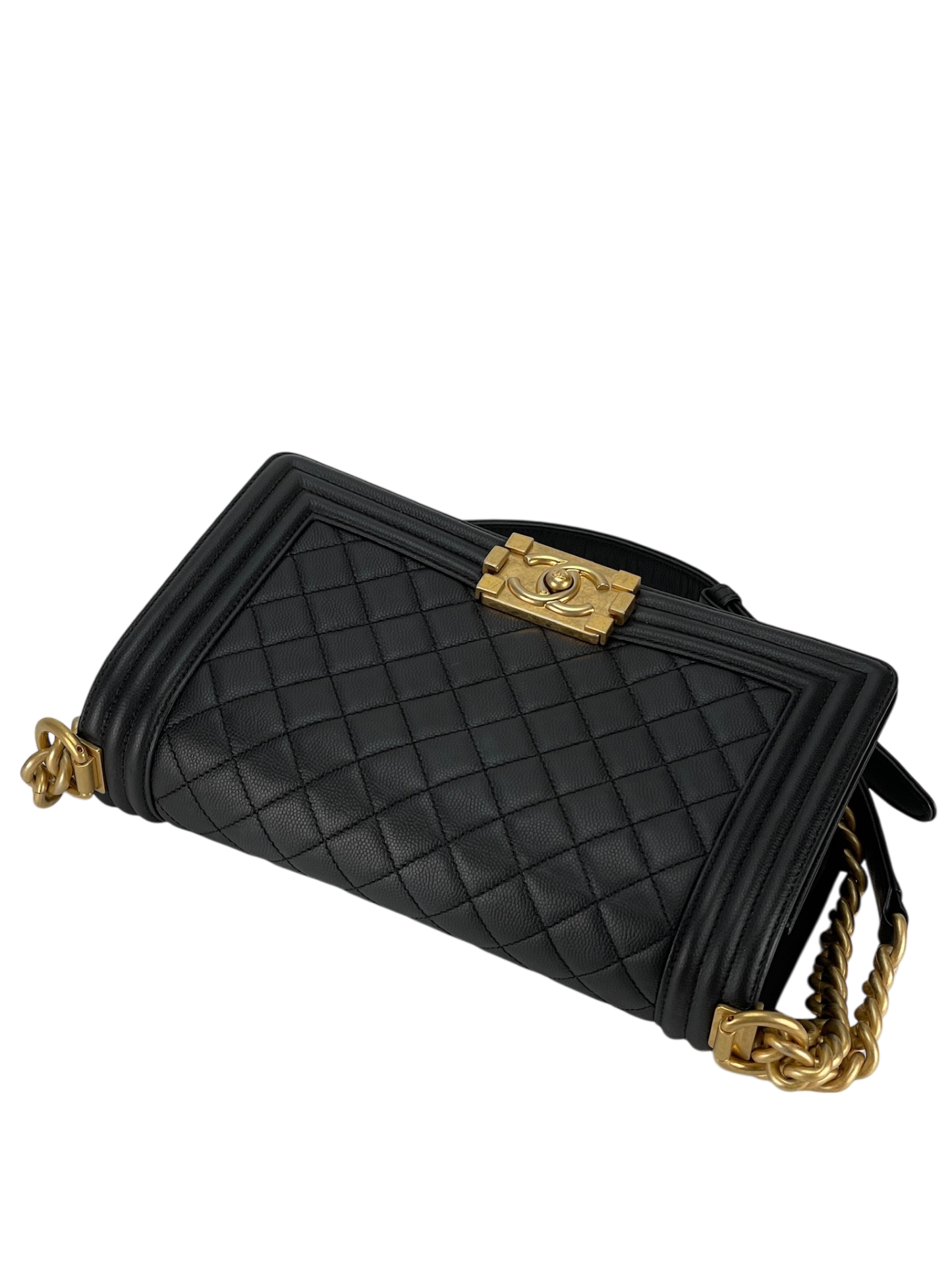 CHANEL - Black Caviar Quilted Medium Boy Flap Black Gold Hardware