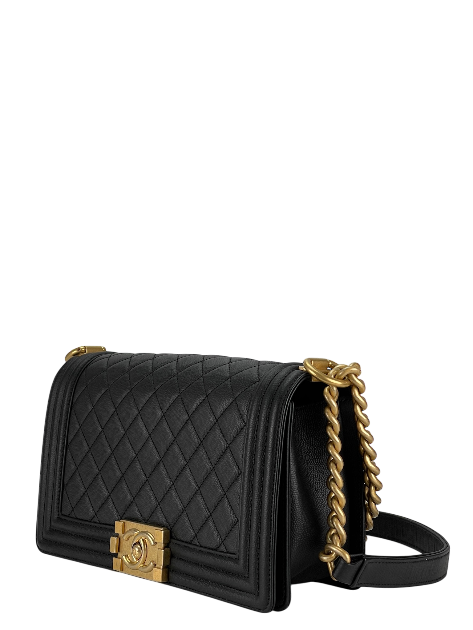 CHANEL - Black Caviar Quilted Medium Boy Flap Black Gold Hardware
