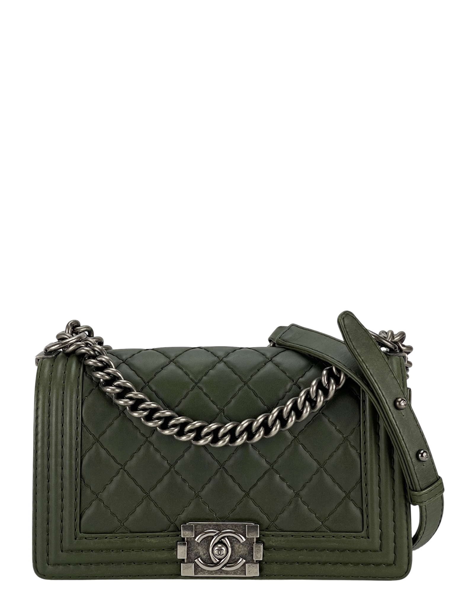 CHANEL -  Medium Boy Flap Bag Green Caviar Metal Black