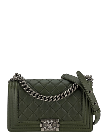 CHANEL -  Medium Boy Flap Bag Green Caviar Metal Black