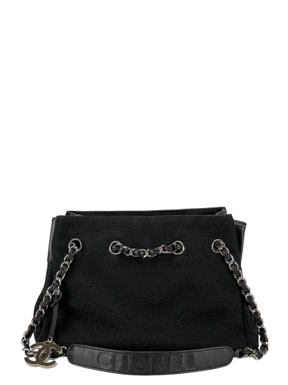 CHANEL - Black Canvas Leather Chain Bag