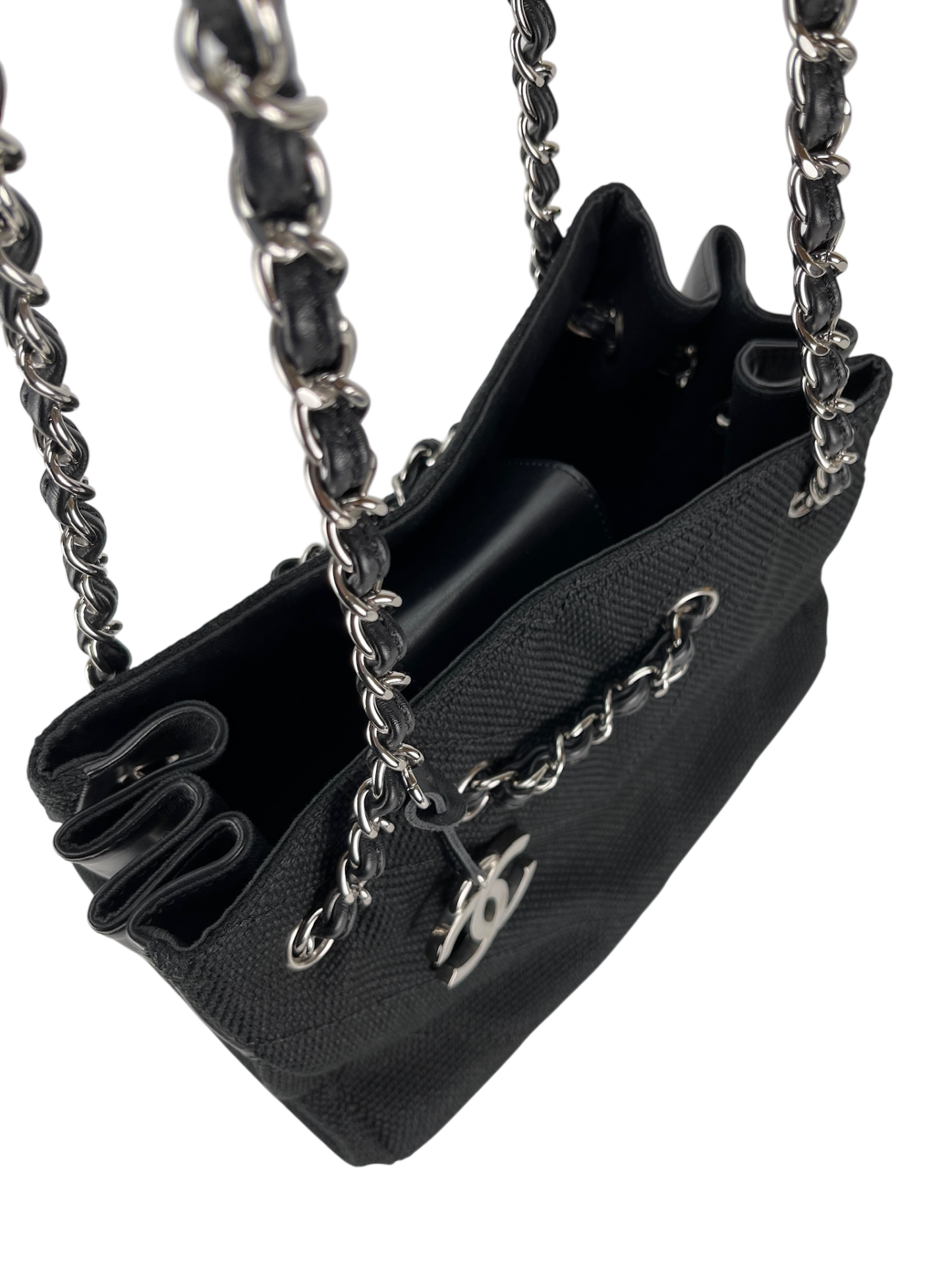 CHANEL - Black Canvas Leather Chain Bag