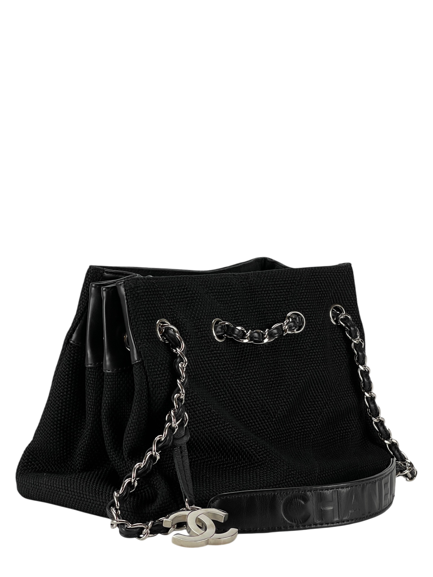 CHANEL - Black Canvas Leather Chain Bag