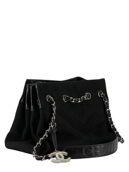 CHANEL - Black Canvas Leather Chain Bag