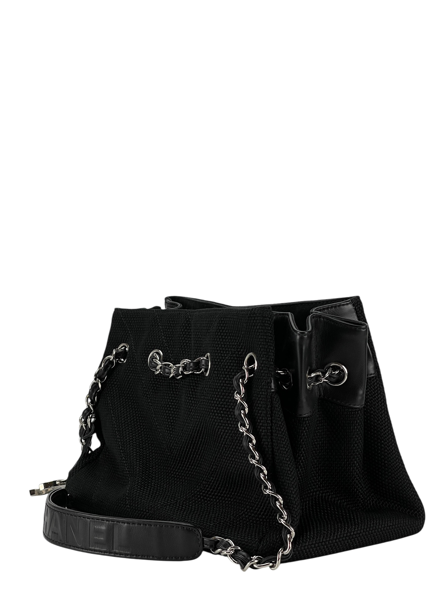 CHANEL - Black Canvas Leather Chain Bag