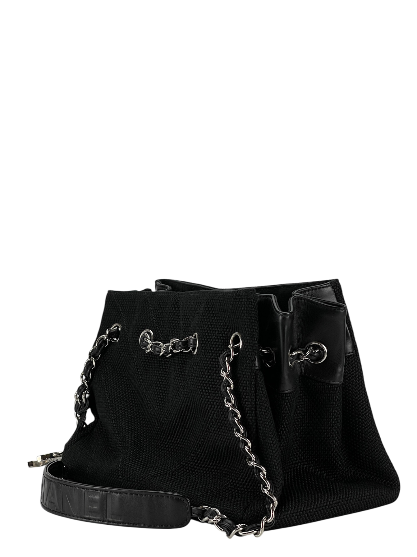 CHANEL - Black Canvas Leather Chain Bag