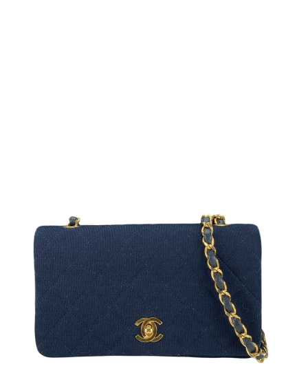 CHANEL - Navy Leather Canvas Matelasse Coco Mark Shoulder Bag Gold Hardware