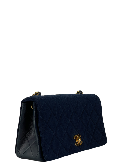 CHANEL - Navy Leather Canvas Matelasse Coco Mark Shoulder Bag Gold Hardware