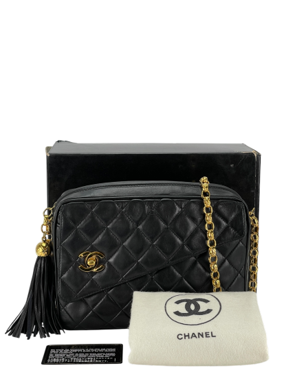 CHANEL -  Black Lambskin Tassel Mini Pocket Camera Bag Gold Hardware
