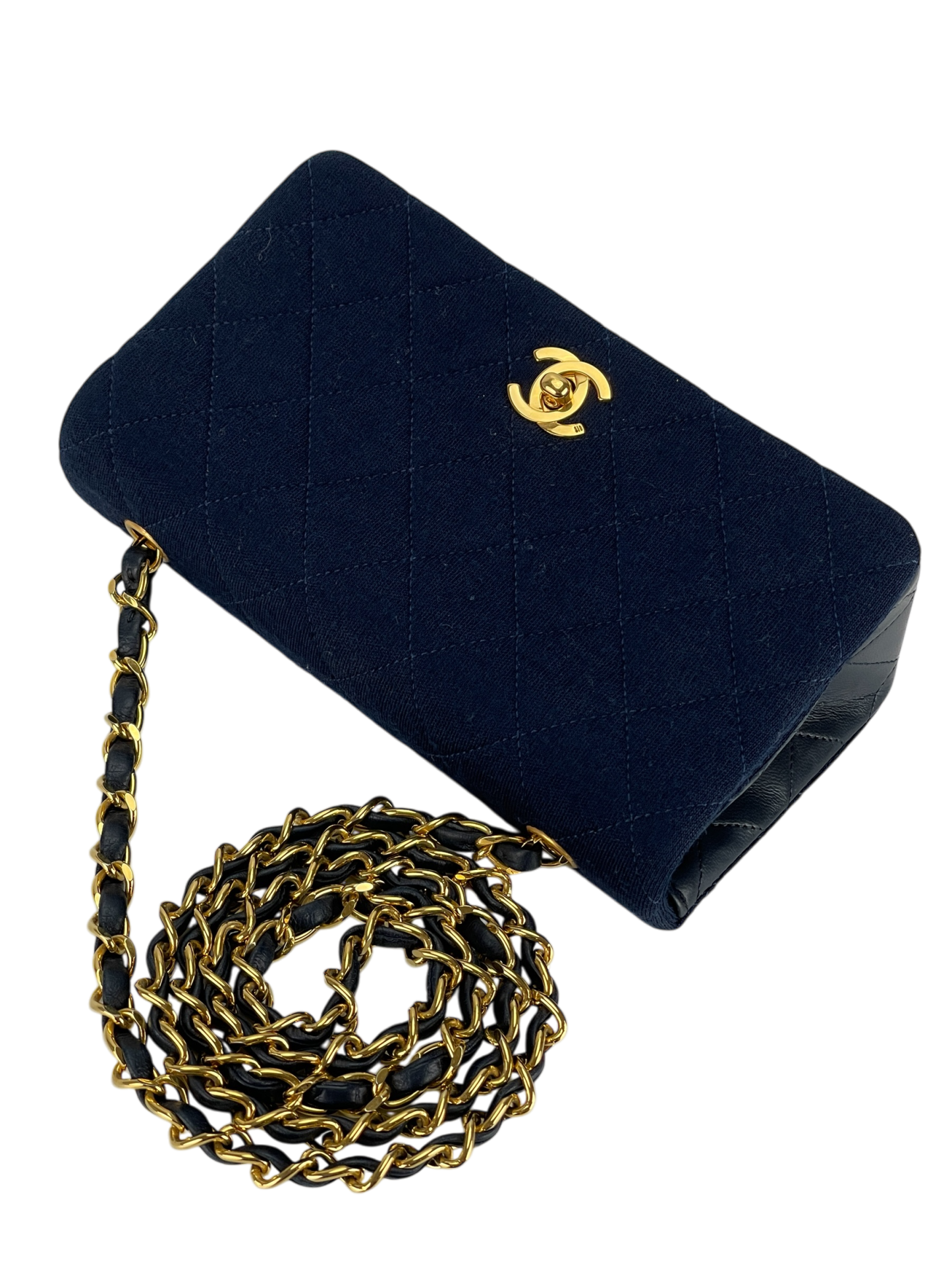 CHANEL - Navy Leather Canvas Matelasse Coco Mark Shoulder Bag Gold Hardware