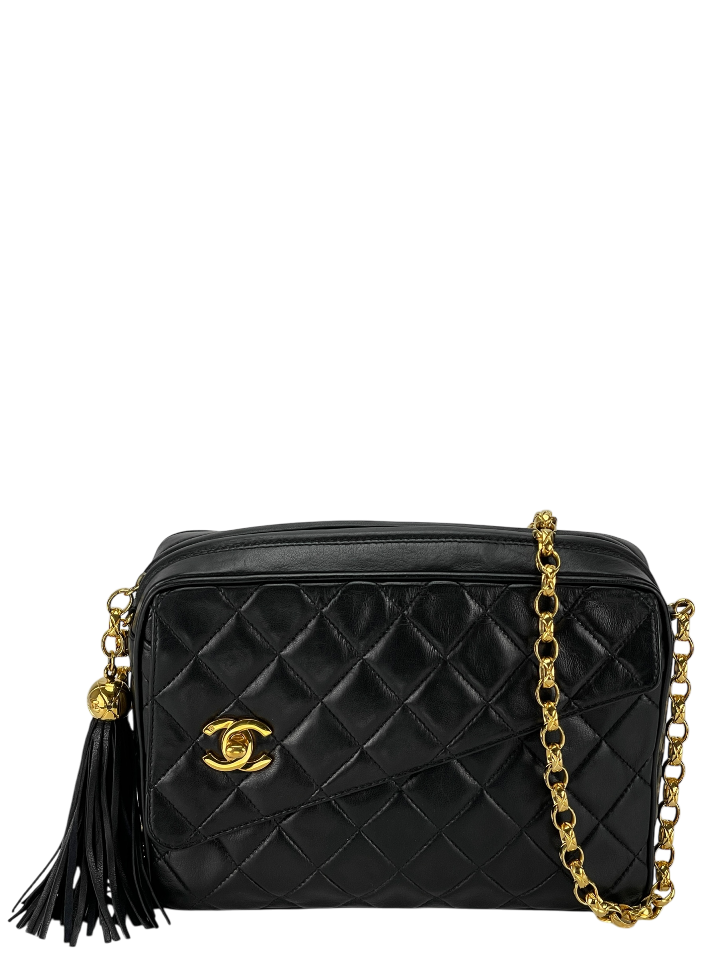 CHANEL -  Black Lambskin Tassel Mini Pocket Camera Bag Gold Hardware