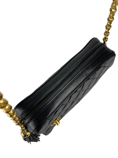 CHANEL -  Black Lambskin Tassel Mini Pocket Camera Bag Gold Hardware