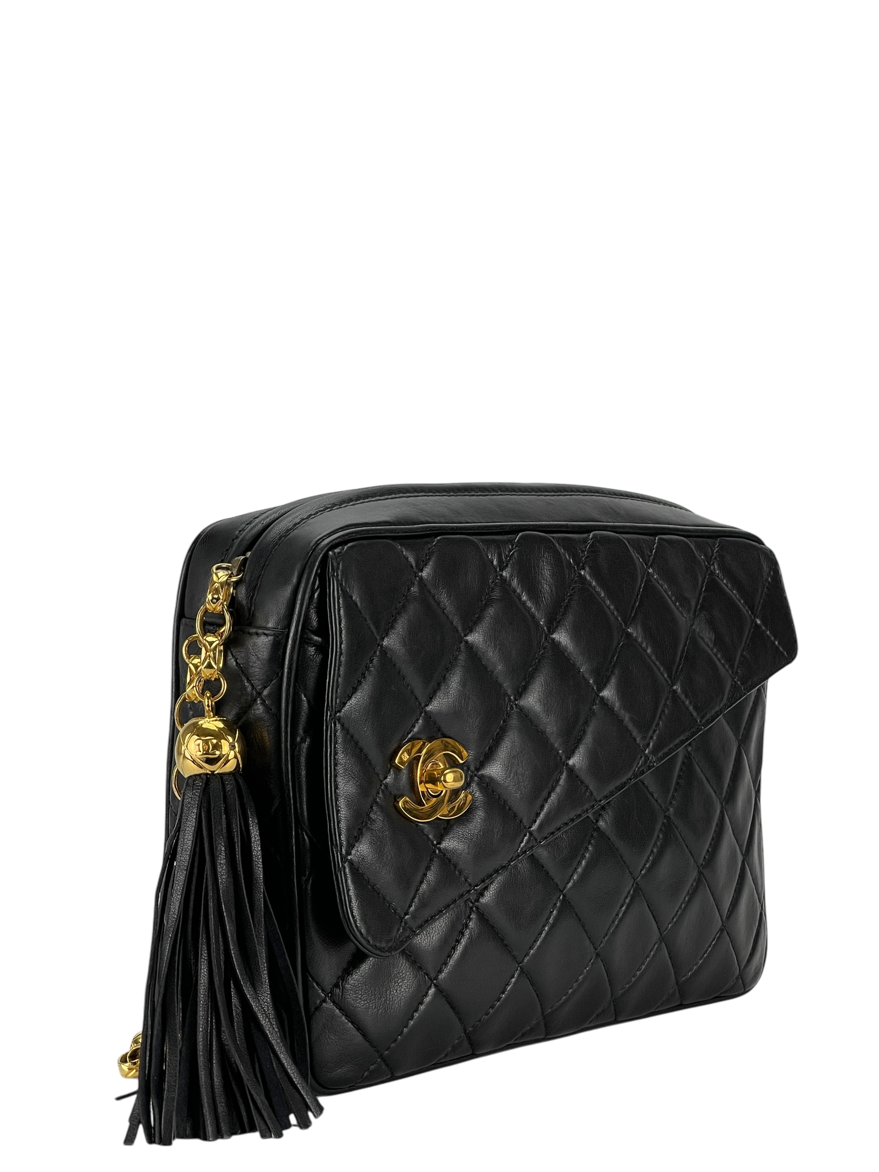 CHANEL -  Black Lambskin Tassel Mini Pocket Camera Bag Gold Hardware