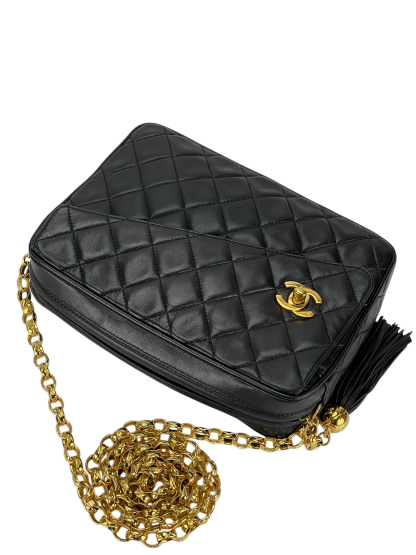 CHANEL -  Black Lambskin Tassel Mini Pocket Camera Bag Gold Hardware