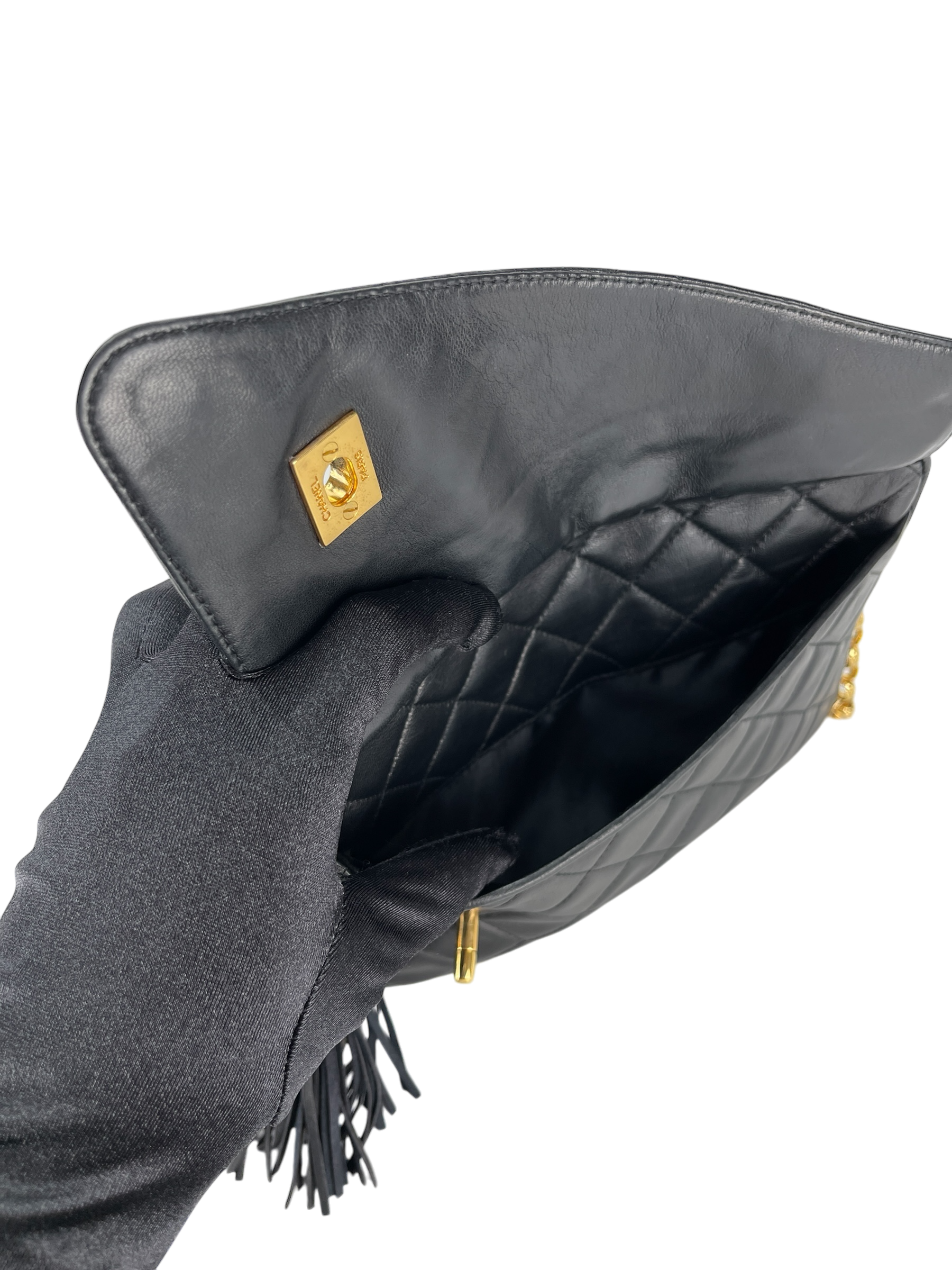 CHANEL -  Black Lambskin Tassel Mini Pocket Camera Bag Gold Hardware