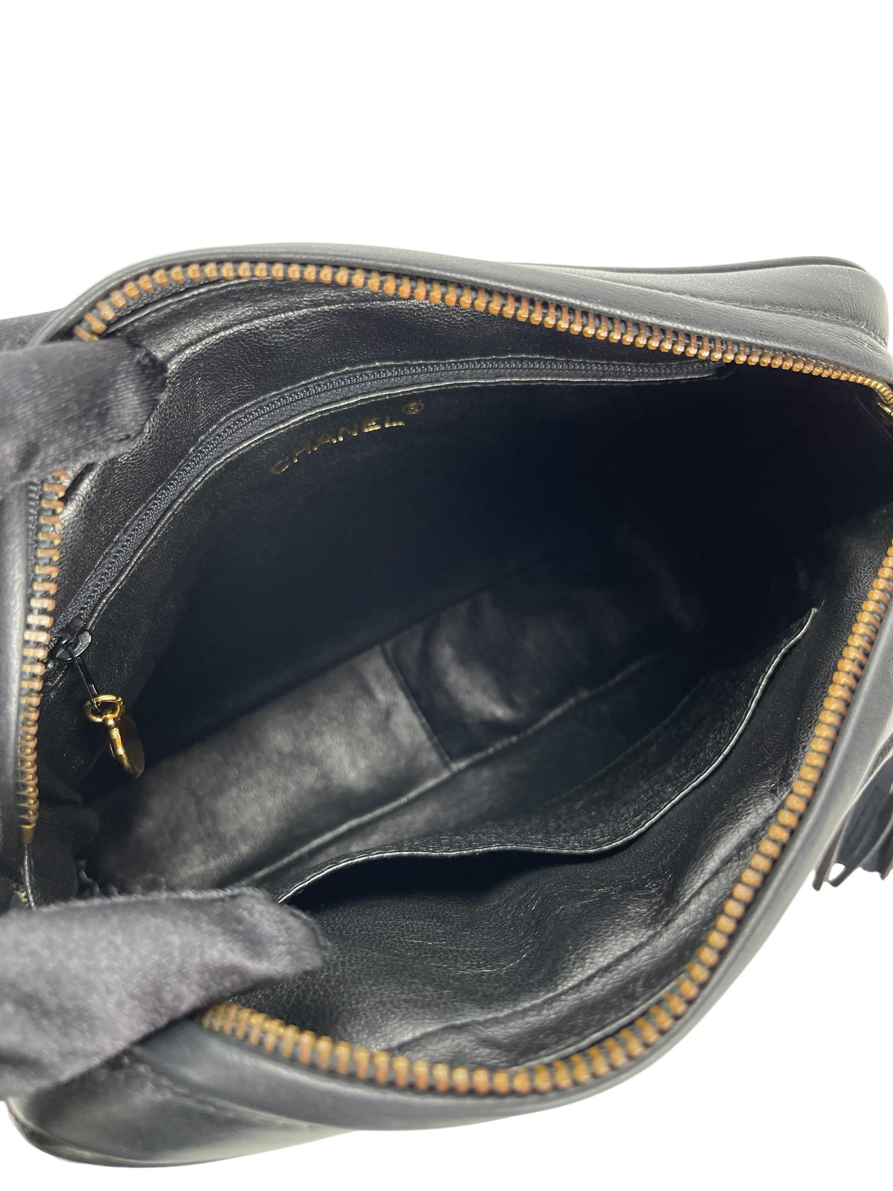 CHANEL -  Black Lambskin Tassel Mini Pocket Camera Bag Gold Hardware