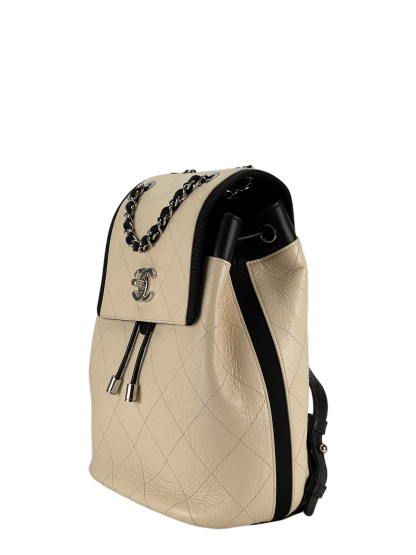 CHANEL - Beige Black Matelasse Coco Mark Silver Hardware Backpack