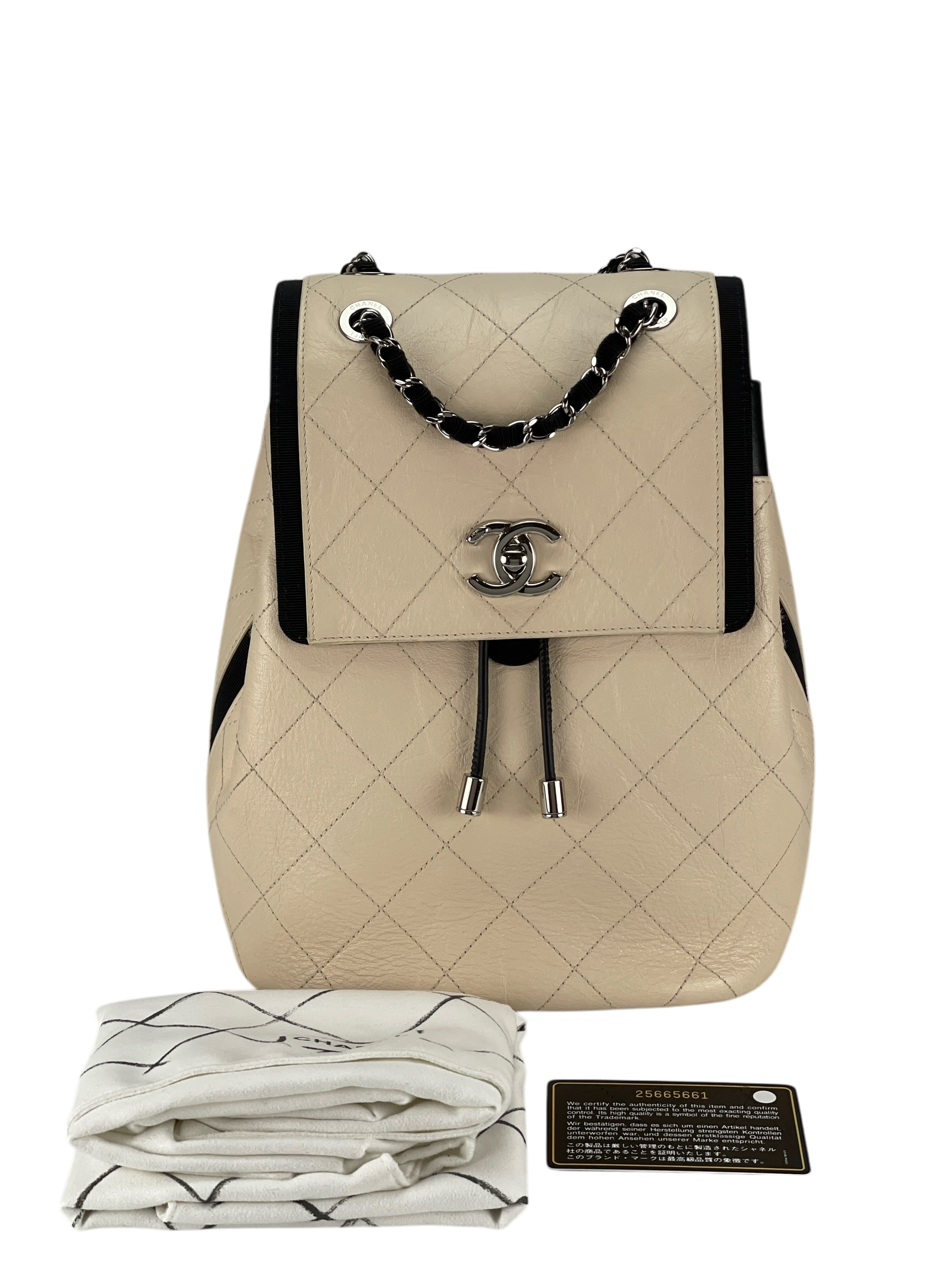CHANEL - Beige Black Matelasse Coco Mark Silver Hardware Backpack