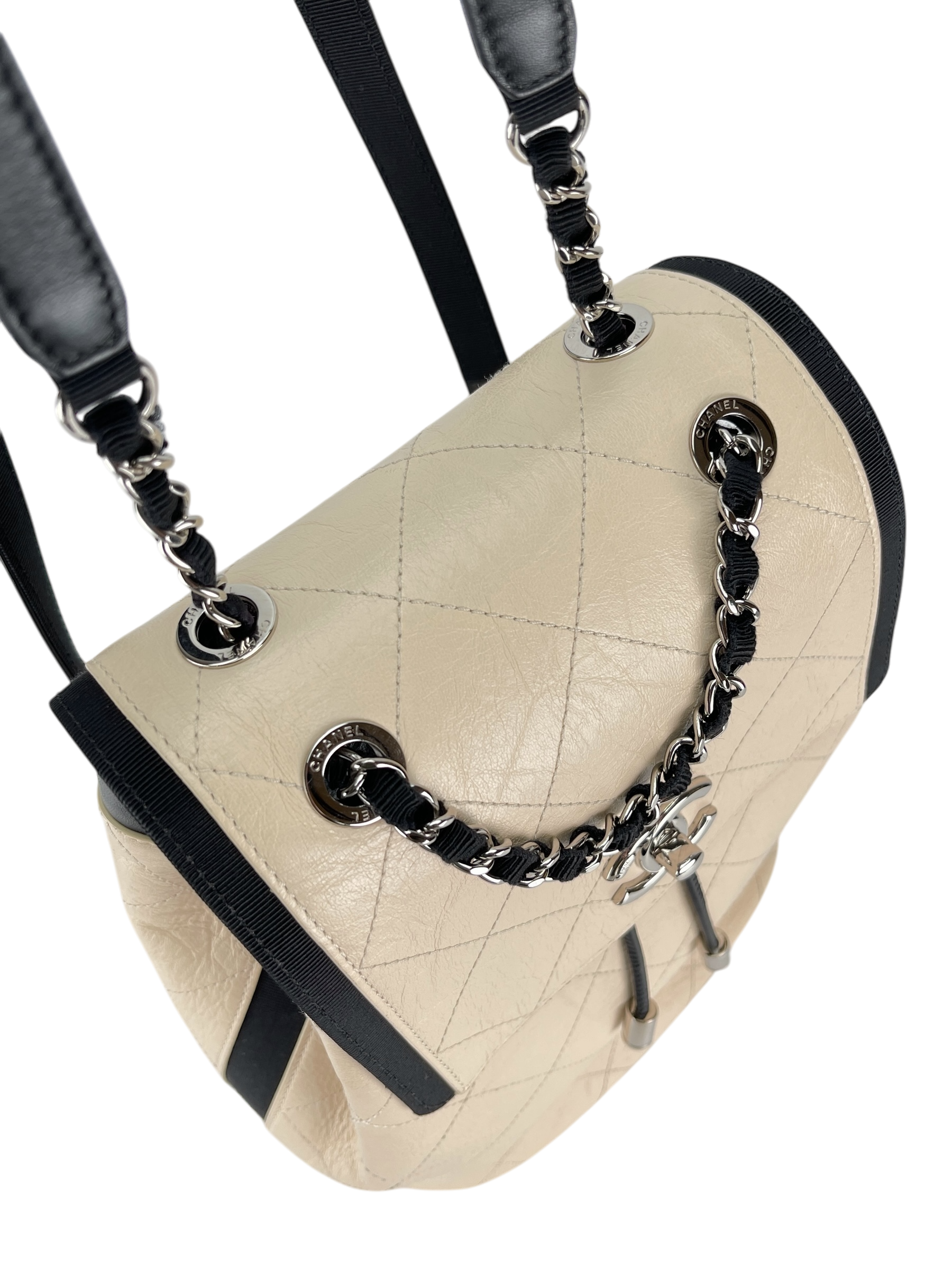 CHANEL - Beige Black Matelasse Coco Mark Silver Hardware Backpack