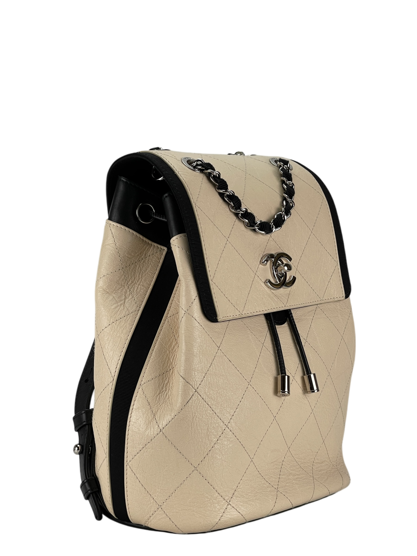 CHANEL - Beige Black Matelasse Coco Mark Silver Hardware Backpack