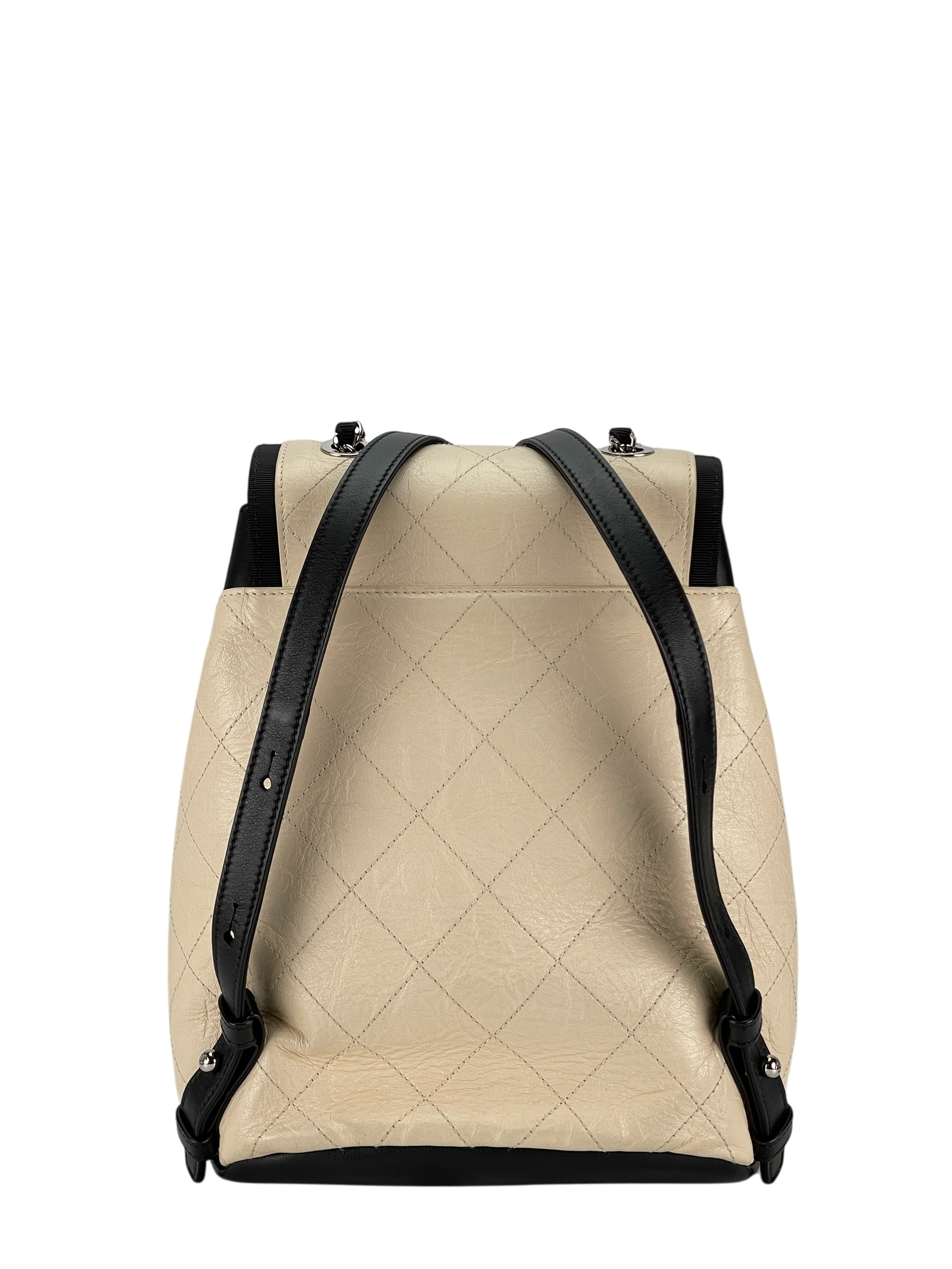CHANEL - Beige Black Matelasse Coco Mark Silver Hardware Backpack