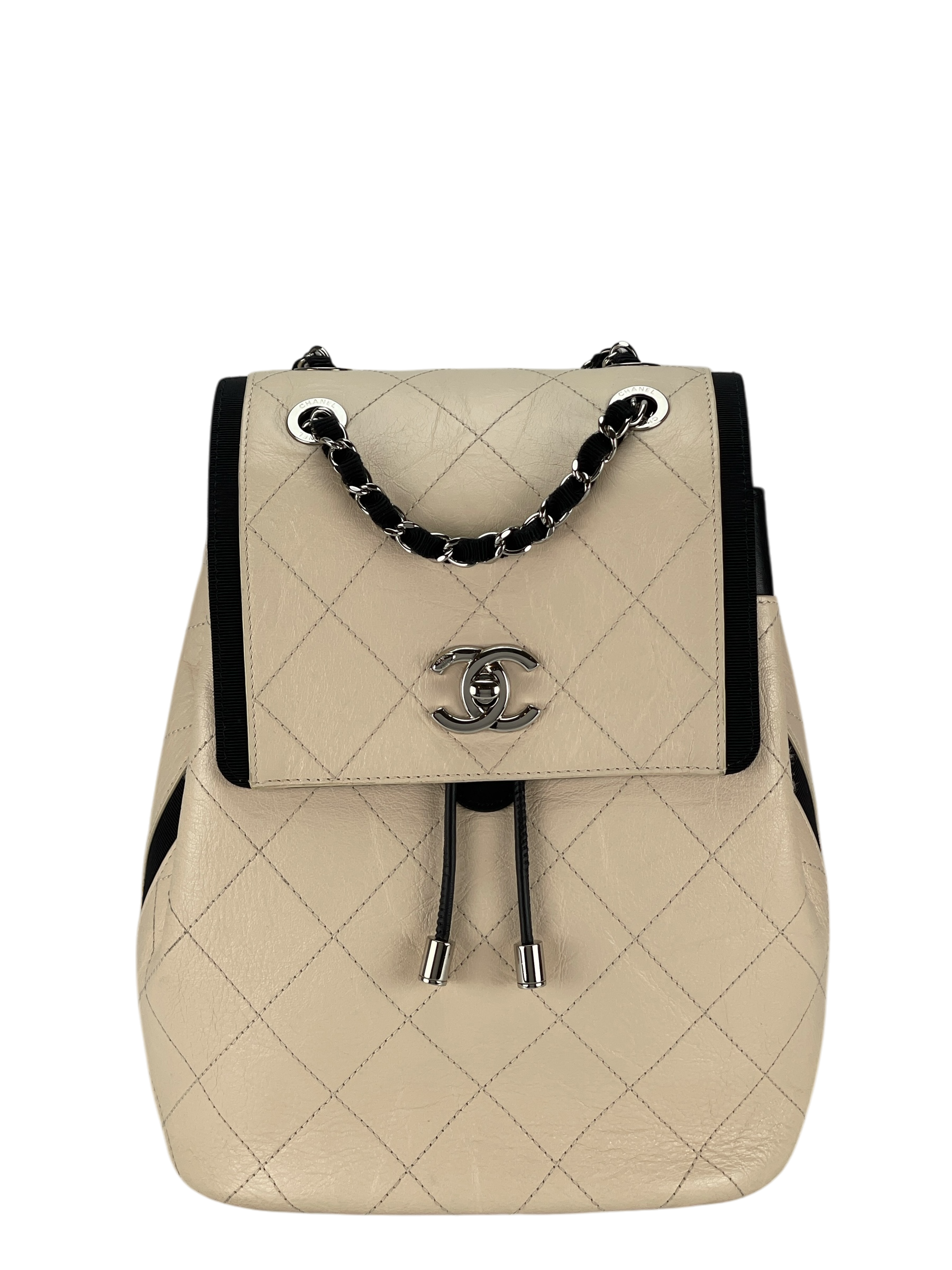 CHANEL - Beige Black Matelasse Coco Mark Silver Hardware Backpack