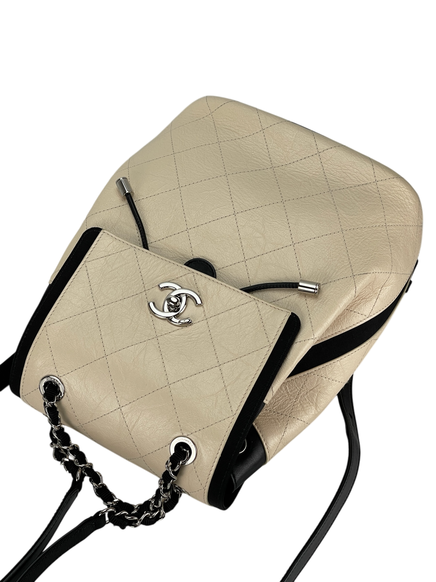 CHANEL - Beige Black Matelasse Coco Mark Silver Hardware Backpack