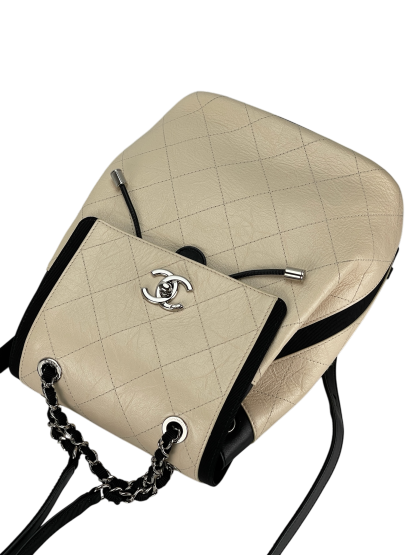 CHANEL - Beige Black Matelasse Coco Mark Silver Hardware Backpack