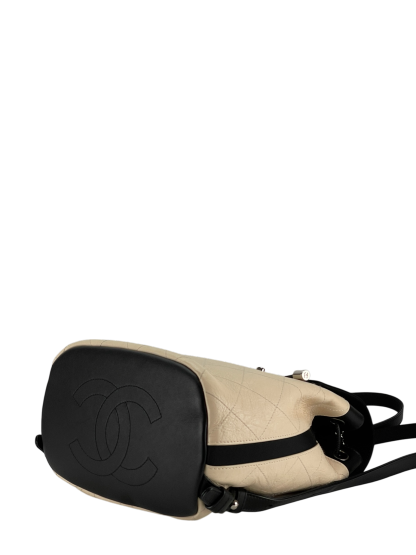 CHANEL - Beige Black Matelasse Coco Mark Silver Hardware Backpack