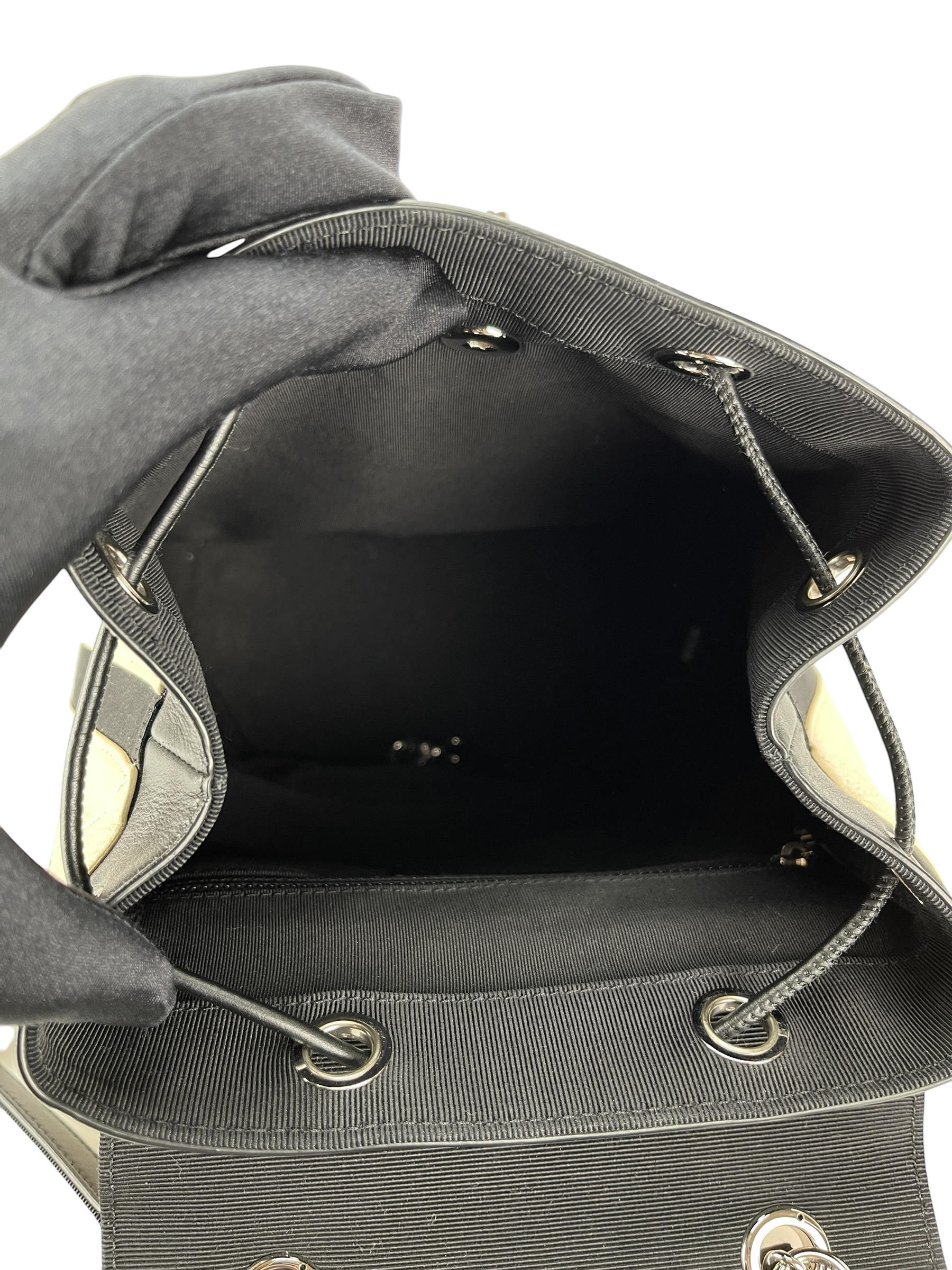CHANEL - Beige Black Matelasse Coco Mark Silver Hardware Backpack
