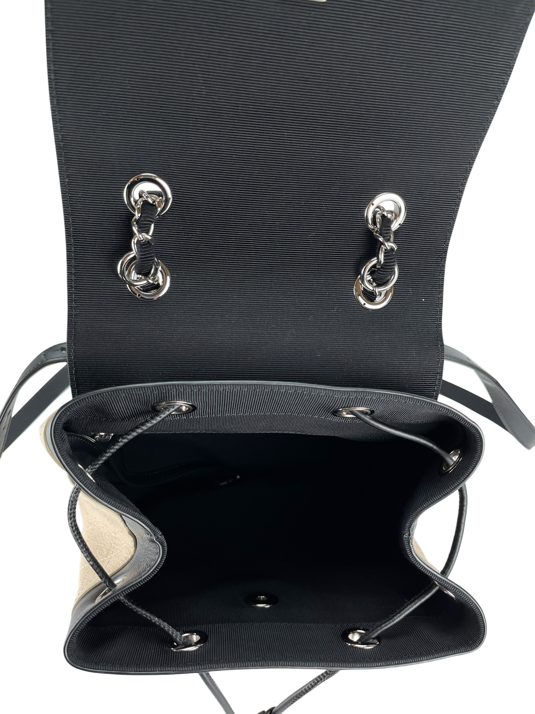 CHANEL - Beige Black Matelasse Coco Mark Silver Hardware Backpack