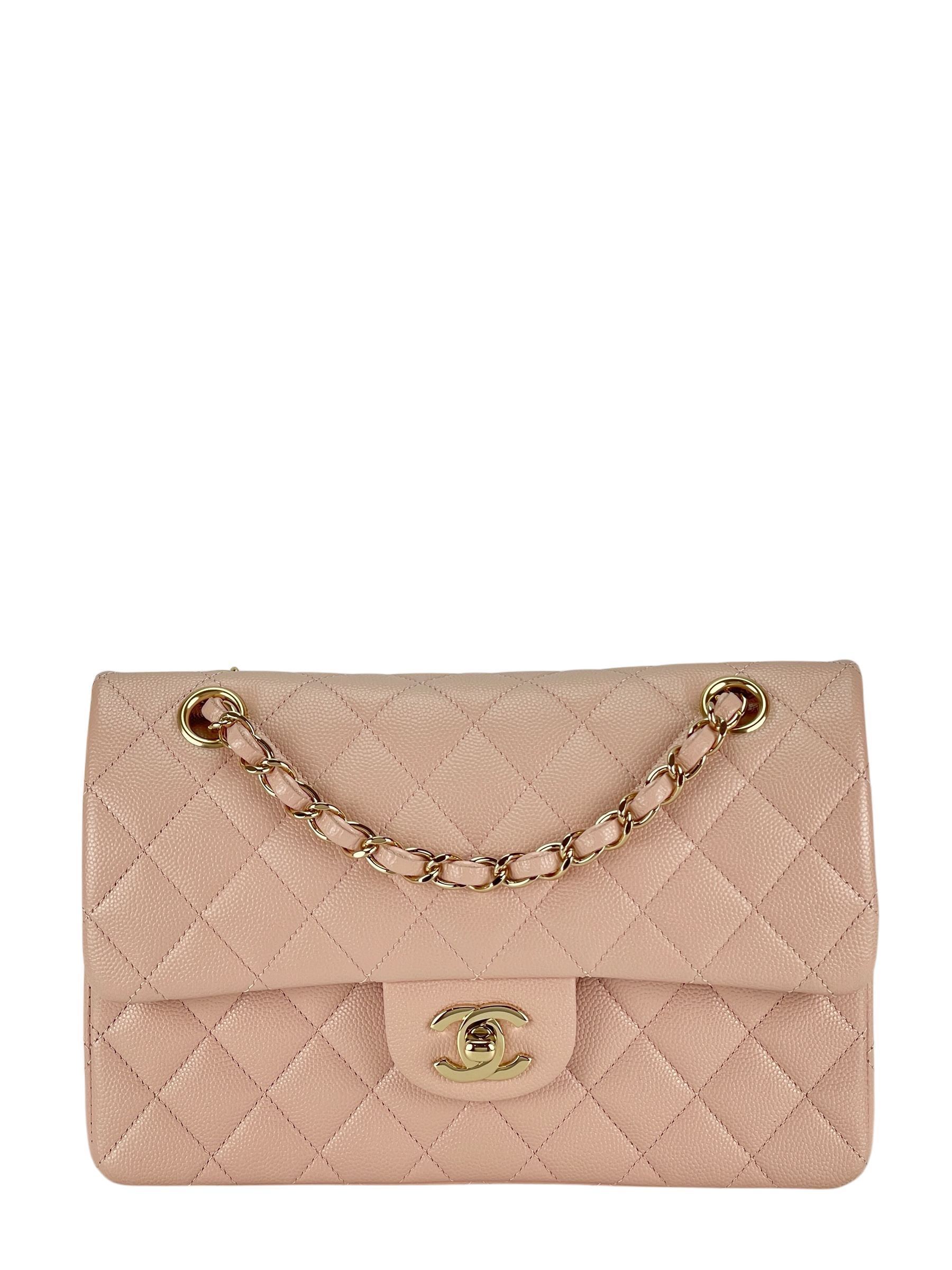 CHANEL - Pink Caviar Small Classic Double Flap Shoulder Bag Gold Hardware