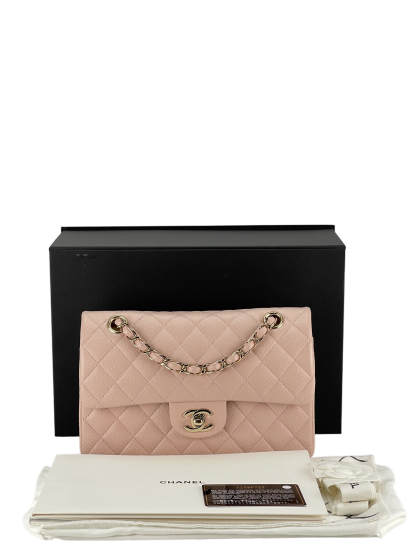 CHANEL - Pink Caviar Small Classic Double Flap Shoulder Bag Gold Hardware