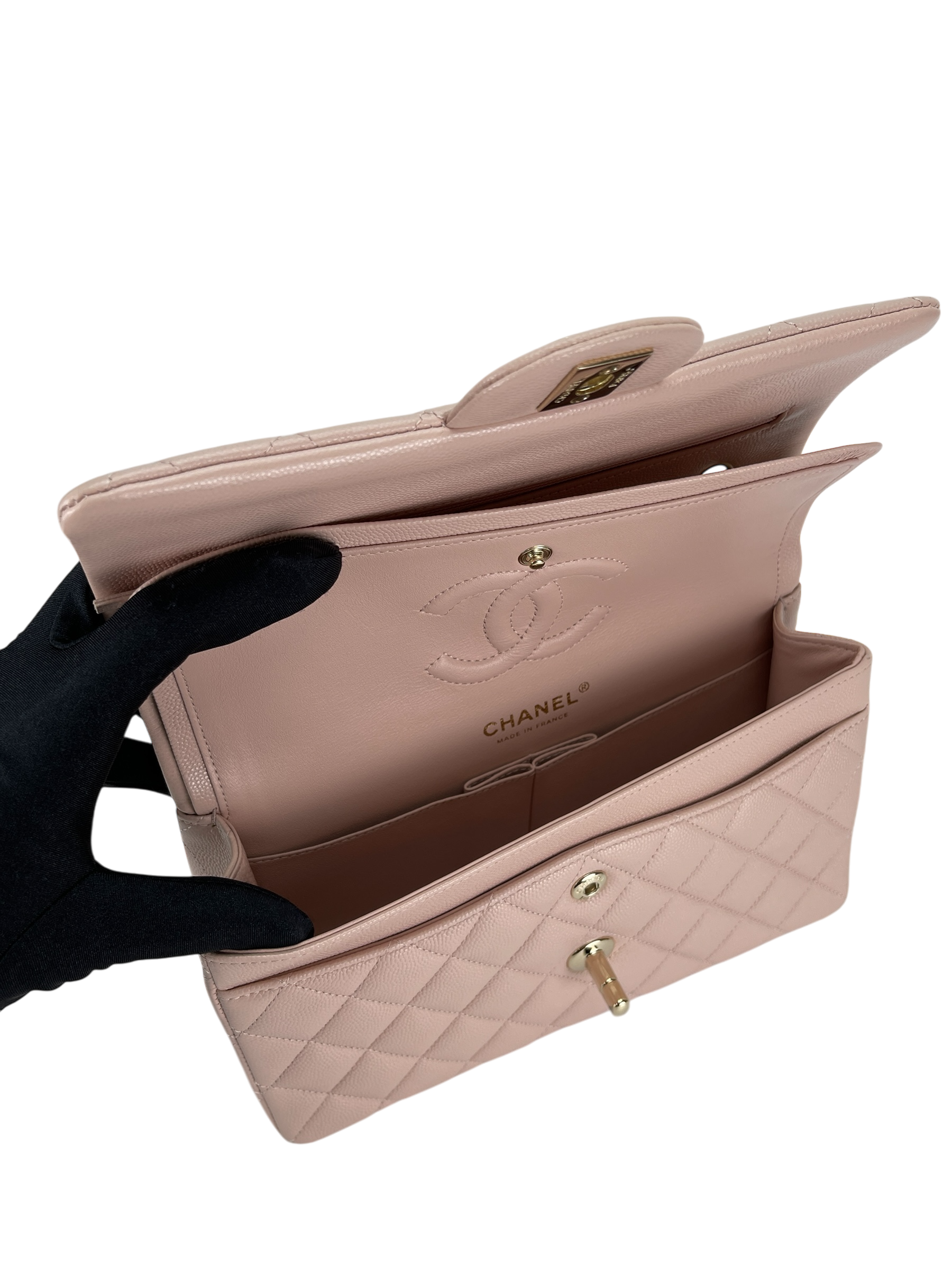 CHANEL - Pink Caviar Small Classic Double Flap Shoulder Bag Gold Hardware