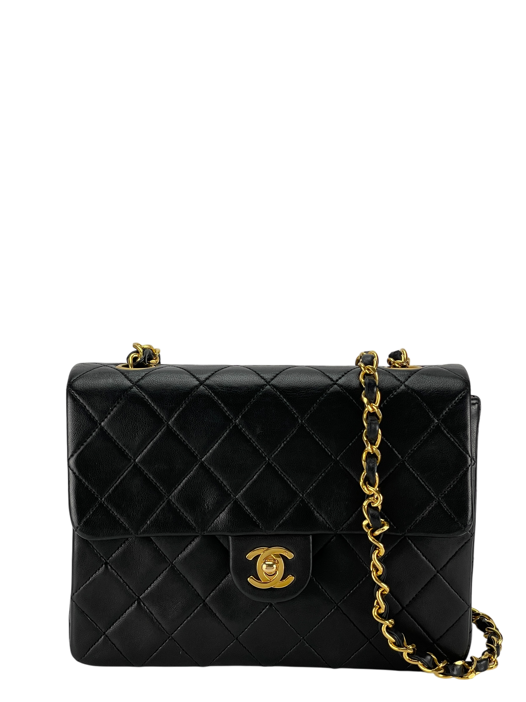 CHANEL - Mini Matlasse 20 Lambskin Single Flap Single Chain Bag Black Gold Hardware