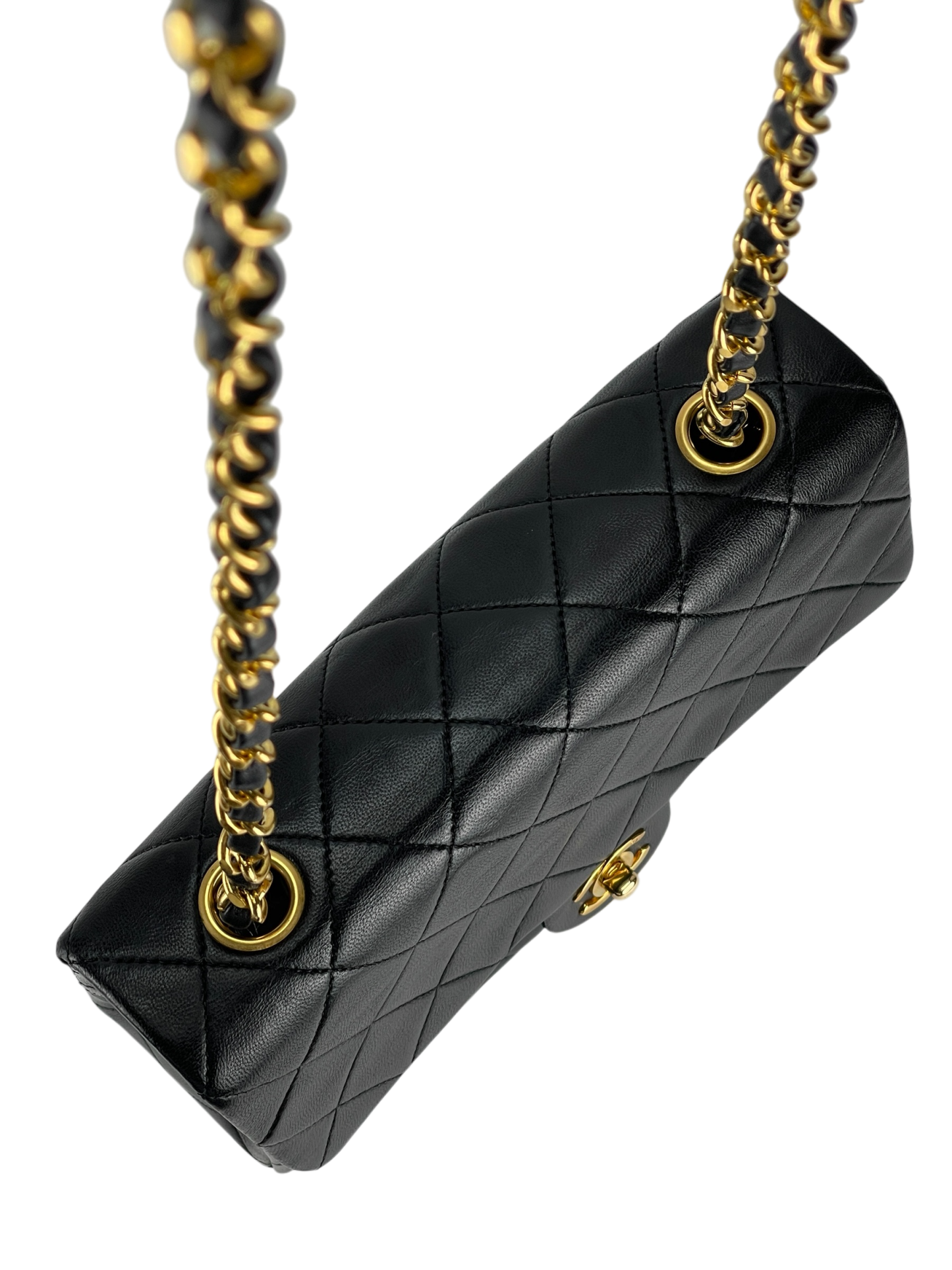 CHANEL - Mini Matlasse 20 Lambskin Single Flap Single Chain Bag Black Gold Hardware