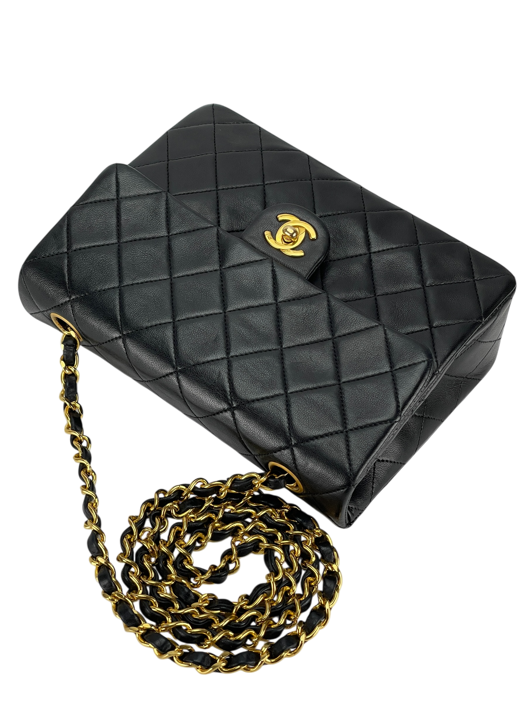 CHANEL - Mini Matlasse 20 Lambskin Single Flap Single Chain Bag Black Gold Hardware