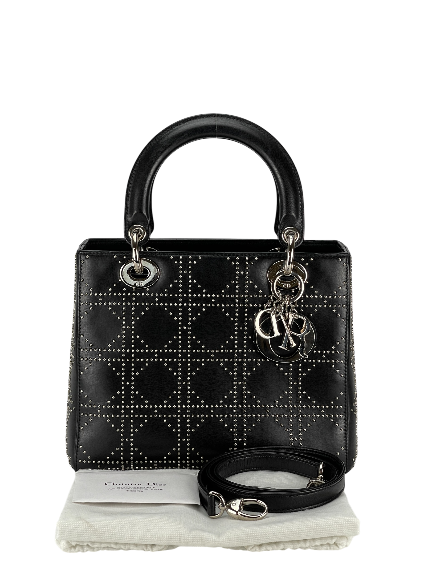 CHRISTIAN DIOR - Lady Dior Medium Cannage Studs Handbag Shoulder Bag 2WAY Black Leather