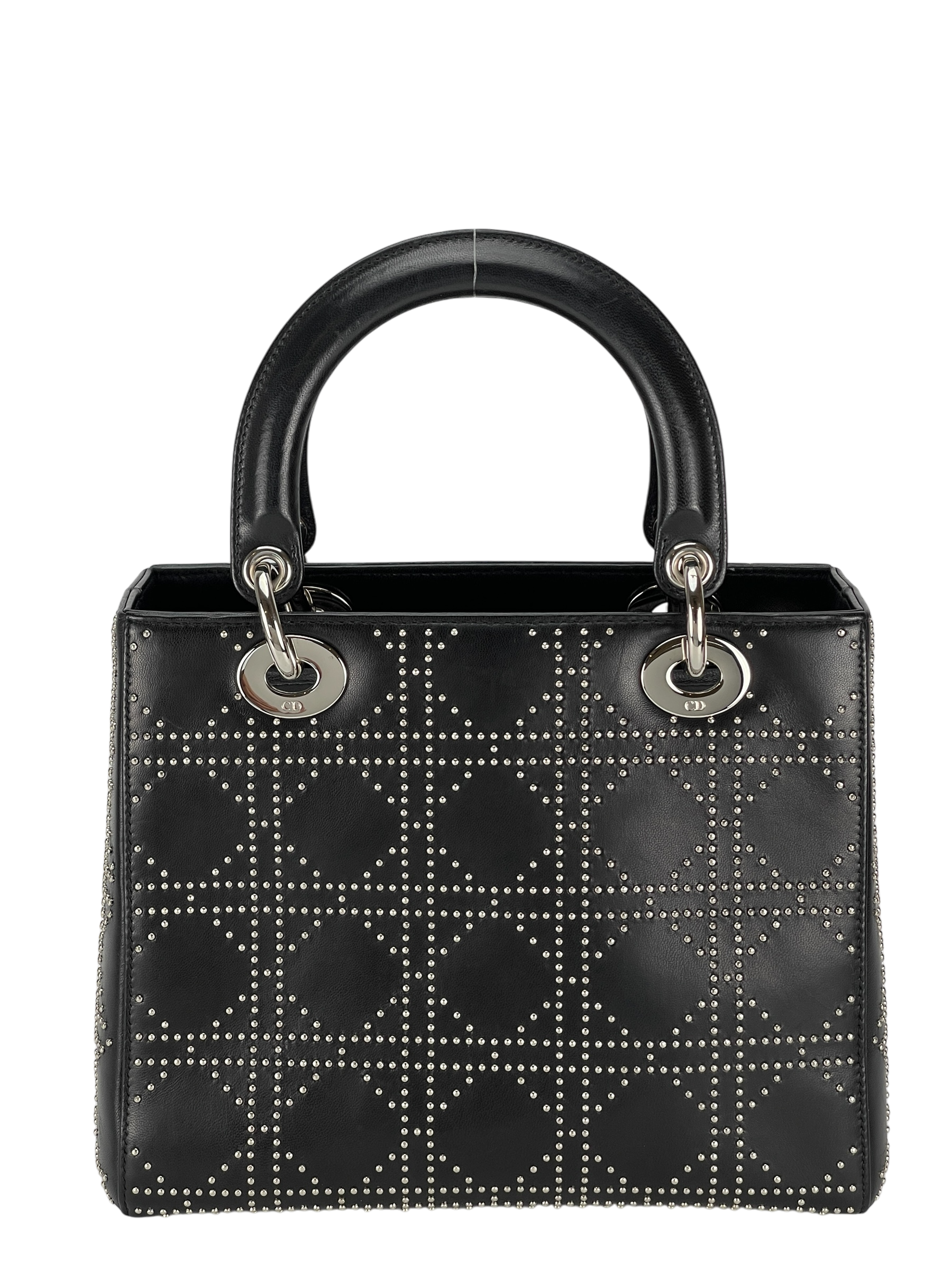 CHRISTIAN DIOR - Lady Dior Medium Cannage Studs Handbag Shoulder Bag 2WAY Black Leather