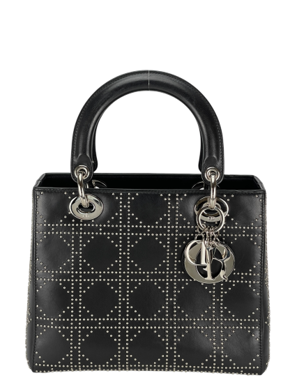 CHRISTIAN DIOR - Lady Dior Medium Cannage Studs Handbag Shoulder Bag 2WAY Black Leather