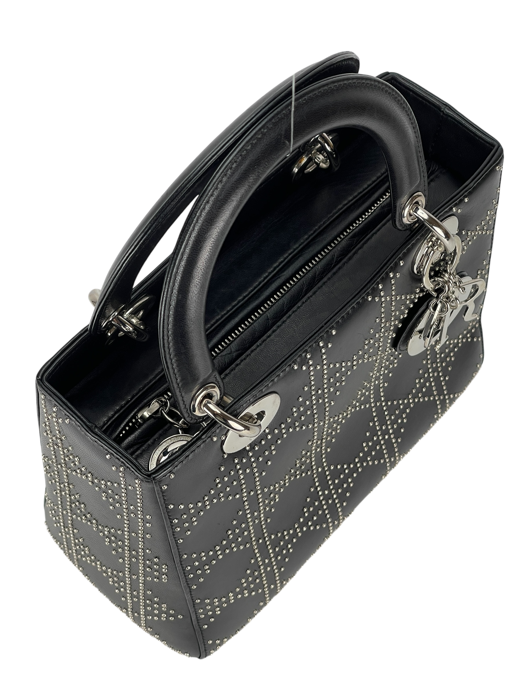 CHRISTIAN DIOR - Lady Dior Medium Cannage Studs Handbag Shoulder Bag 2WAY Black Leather