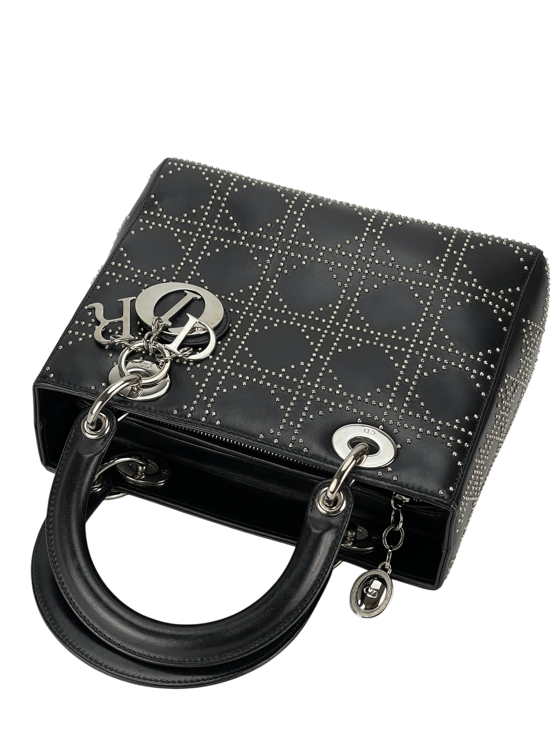 CHRISTIAN DIOR - Lady Dior Medium Cannage Studs Handbag Shoulder Bag 2WAY Black Leather