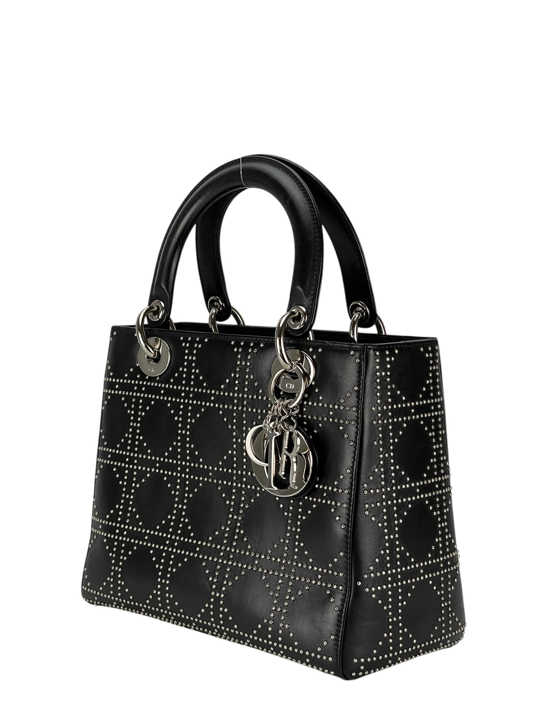 CHRISTIAN DIOR - Lady Dior Medium Cannage Studs Handbag Shoulder Bag 2WAY Black Leather