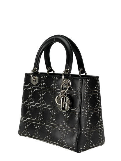 CHRISTIAN DIOR - Lady Dior Medium Cannage Studs Handbag Shoulder Bag 2WAY Black Leather