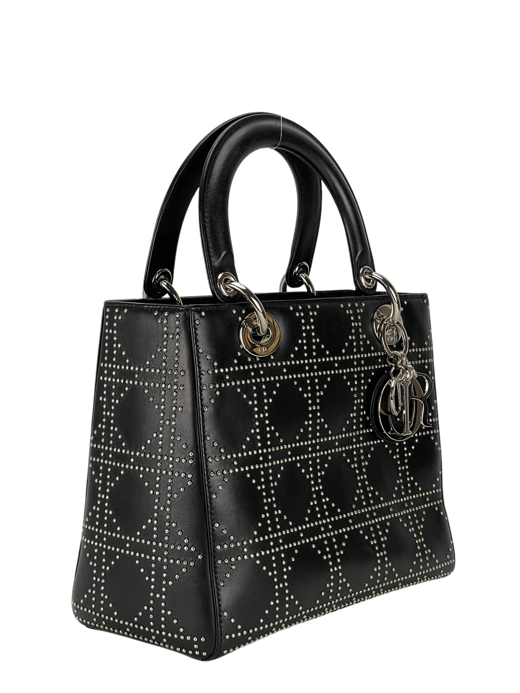 CHRISTIAN DIOR - Lady Dior Medium Cannage Studs Handbag Shoulder Bag 2WAY Black Leather