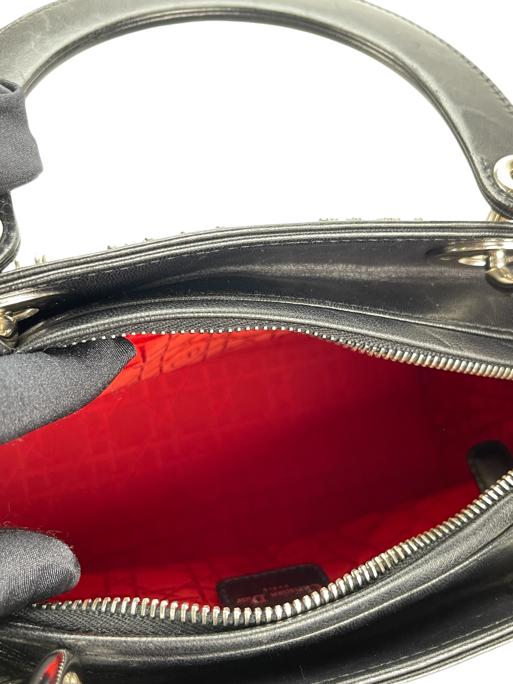 CHRISTIAN DIOR - Lady Dior Medium Cannage Studs Handbag Shoulder Bag 2WAY Black Leather